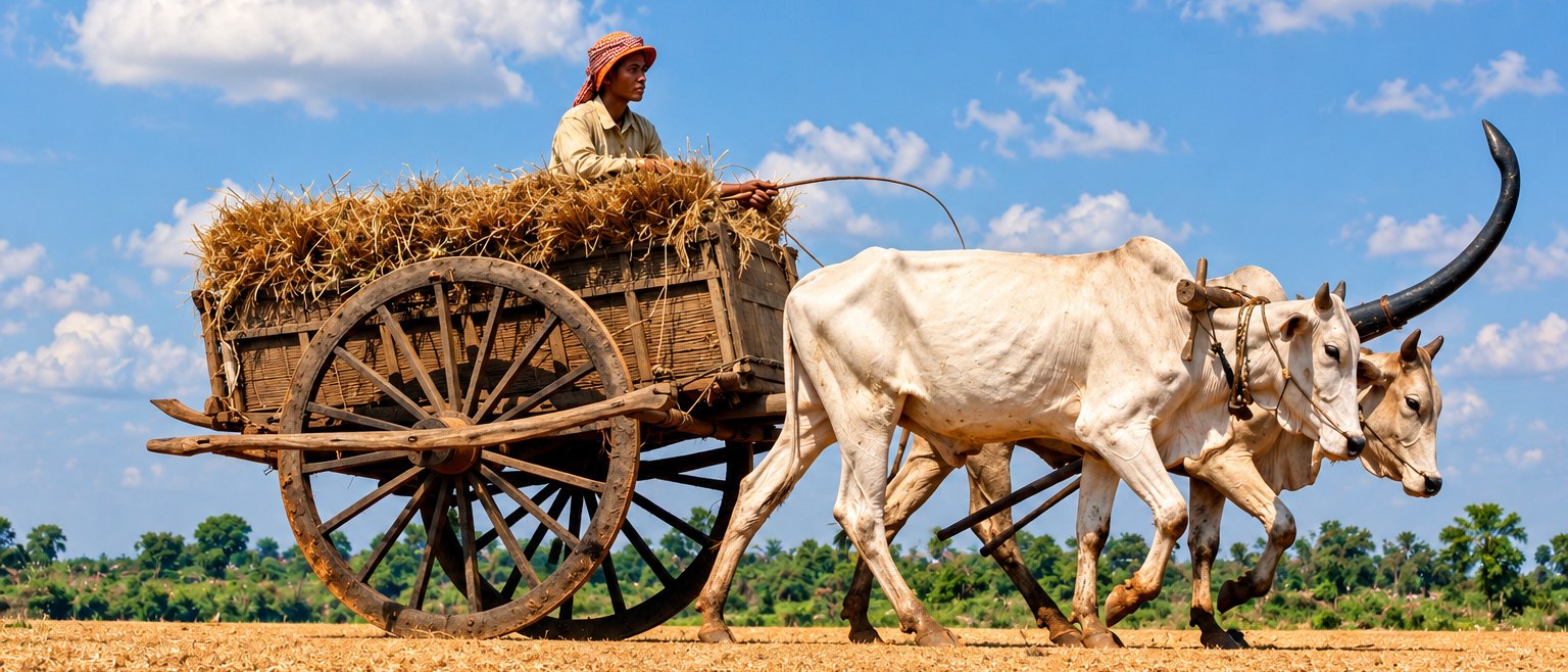 Une charrette à bœufs chargée de paille de riz traverse un champ moissonné
